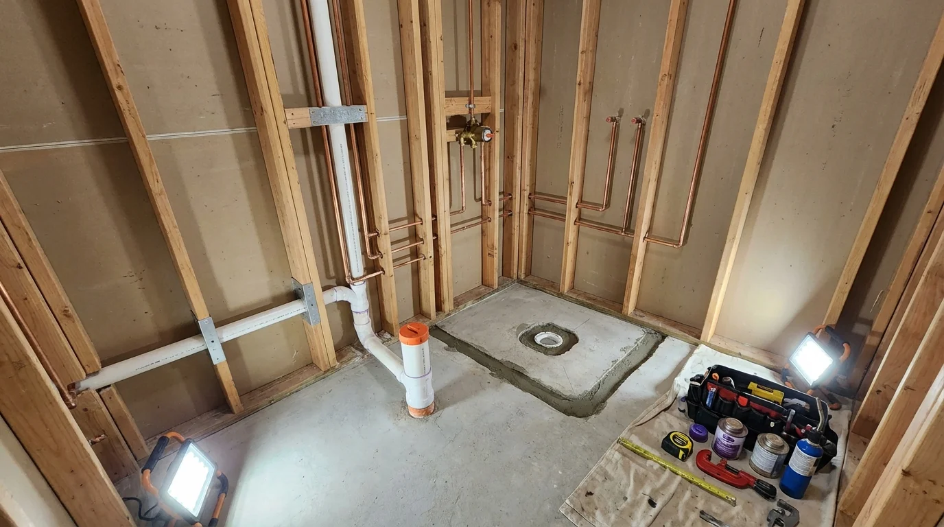 Bathroom rough-in plumbing during remodel by Johns Plumbing LLC in North Ridgeville