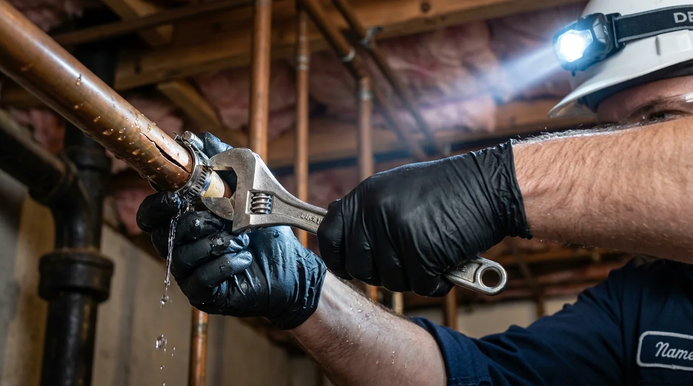 Emergency pipe clamp repair being performed by a Johns Plumbing LLC plumber in North Ridgeville