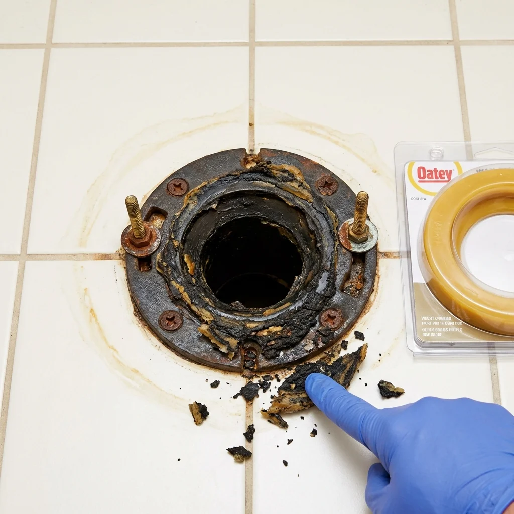 Failed wax ring showing water seepage at the base of a toilet in a North Ridgeville, OH home