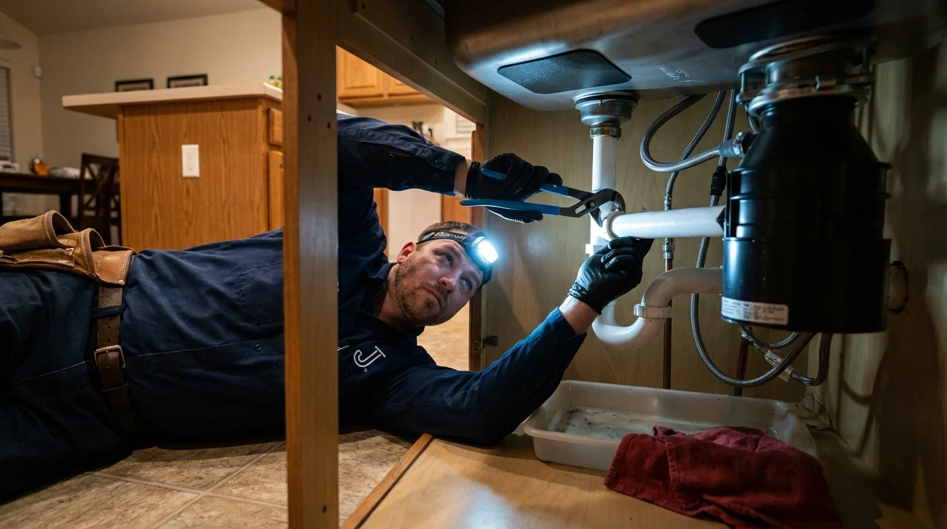 P-trap and supply line connections under a kitchen sink showing a common leak point in North Ridgeville, OH